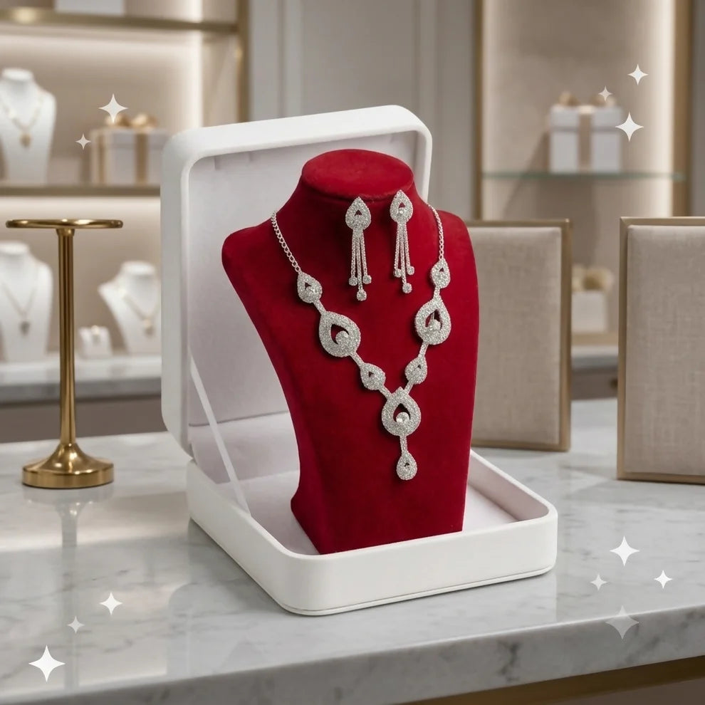 Elegant Silver Plated American Diamond Choker Necklace and Earrings Set for Women and Girls