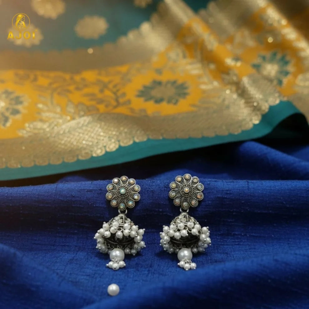 Oxidised Silver Jhumka Earrings with Pearl Drops – Traditional Indian Design