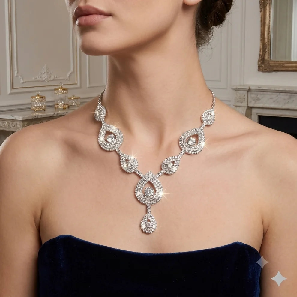 Elegant Silver Plated American Diamond Choker Necklace and Earrings Set for Women and Girls